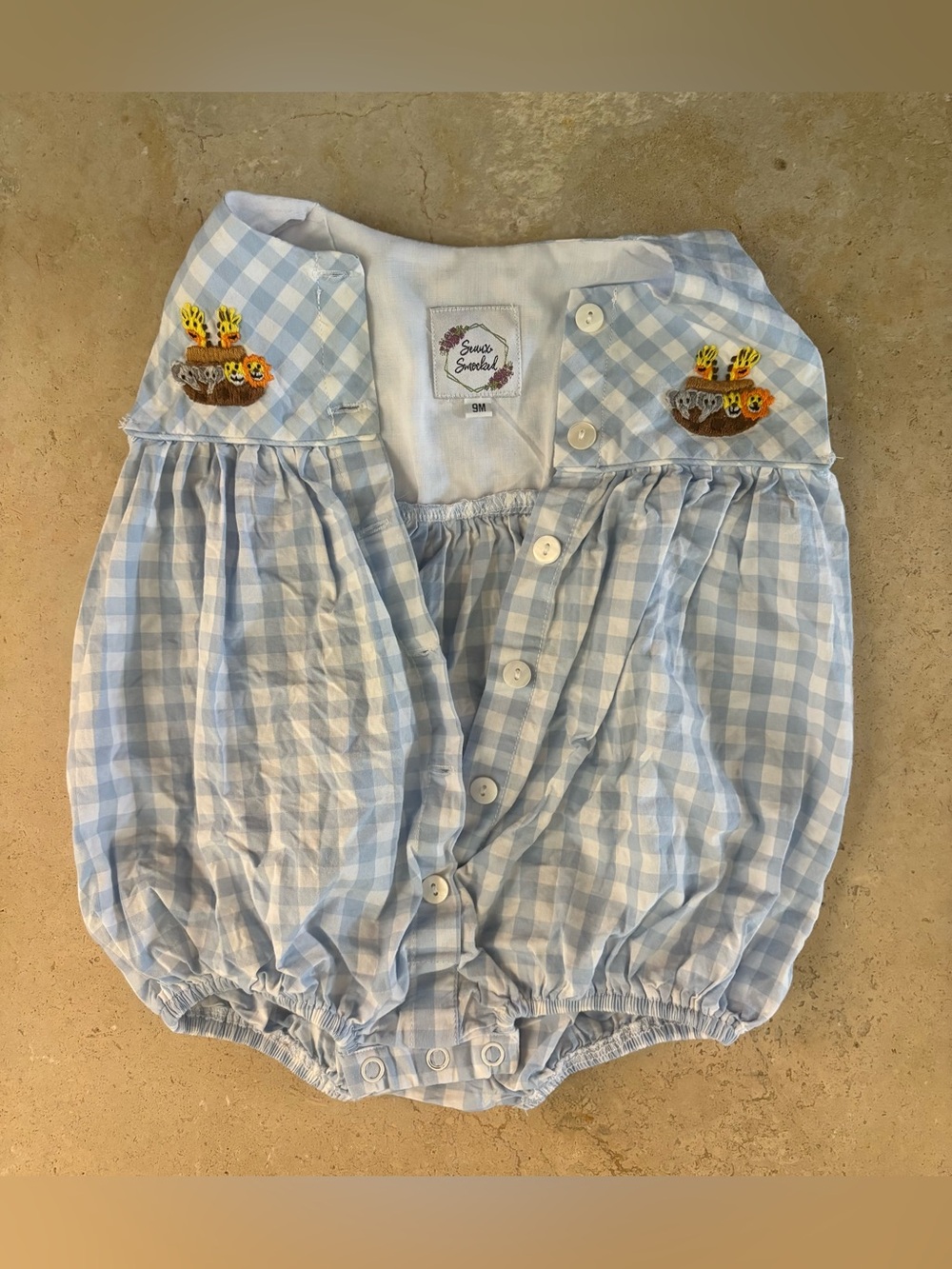 Seaux Smocked Blue Gingham Noah’s Ark Button Down Bubble size 9 months